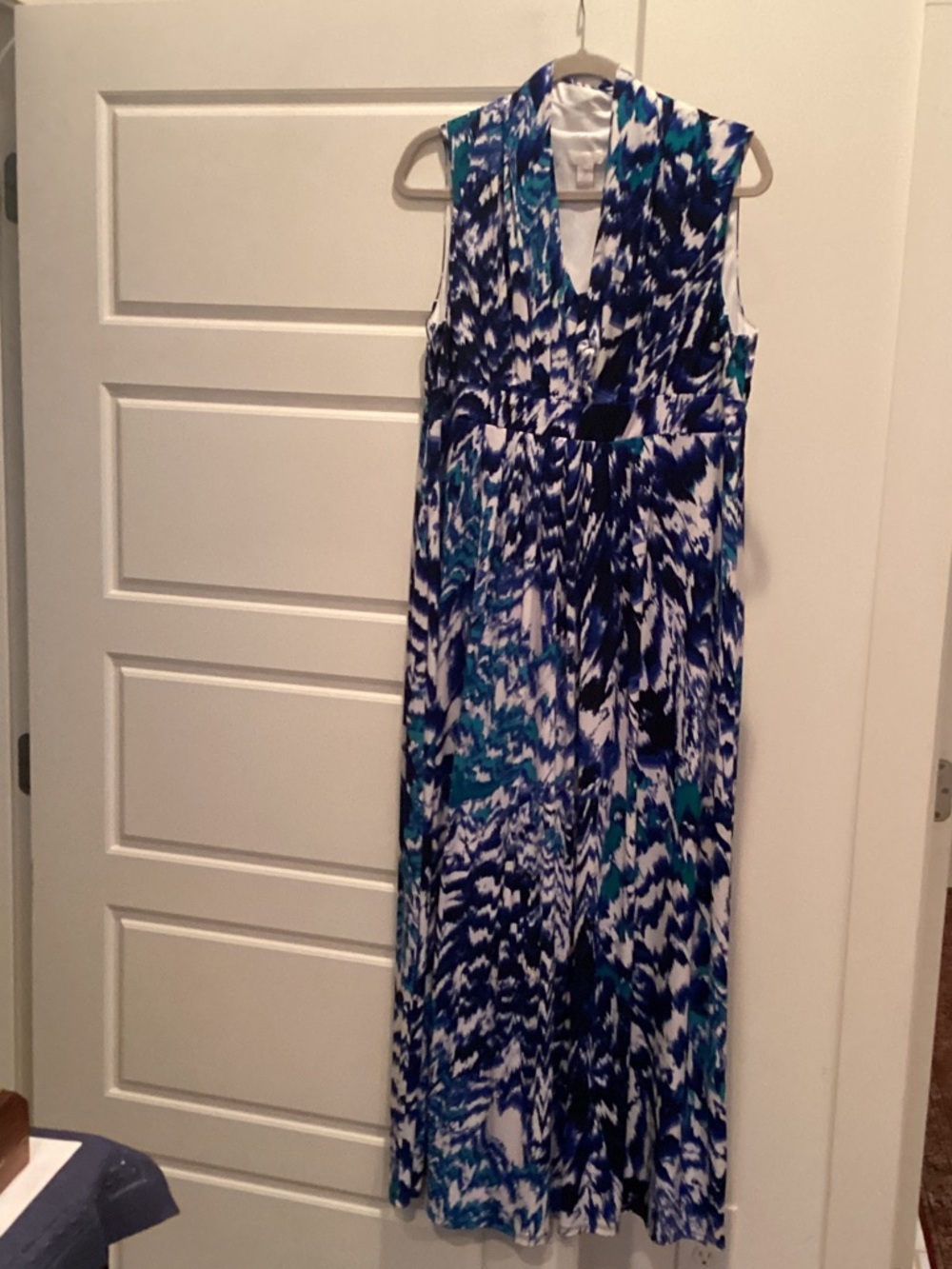 Chico's Sleeveless Navy, Turquoise & White Maxi Dress